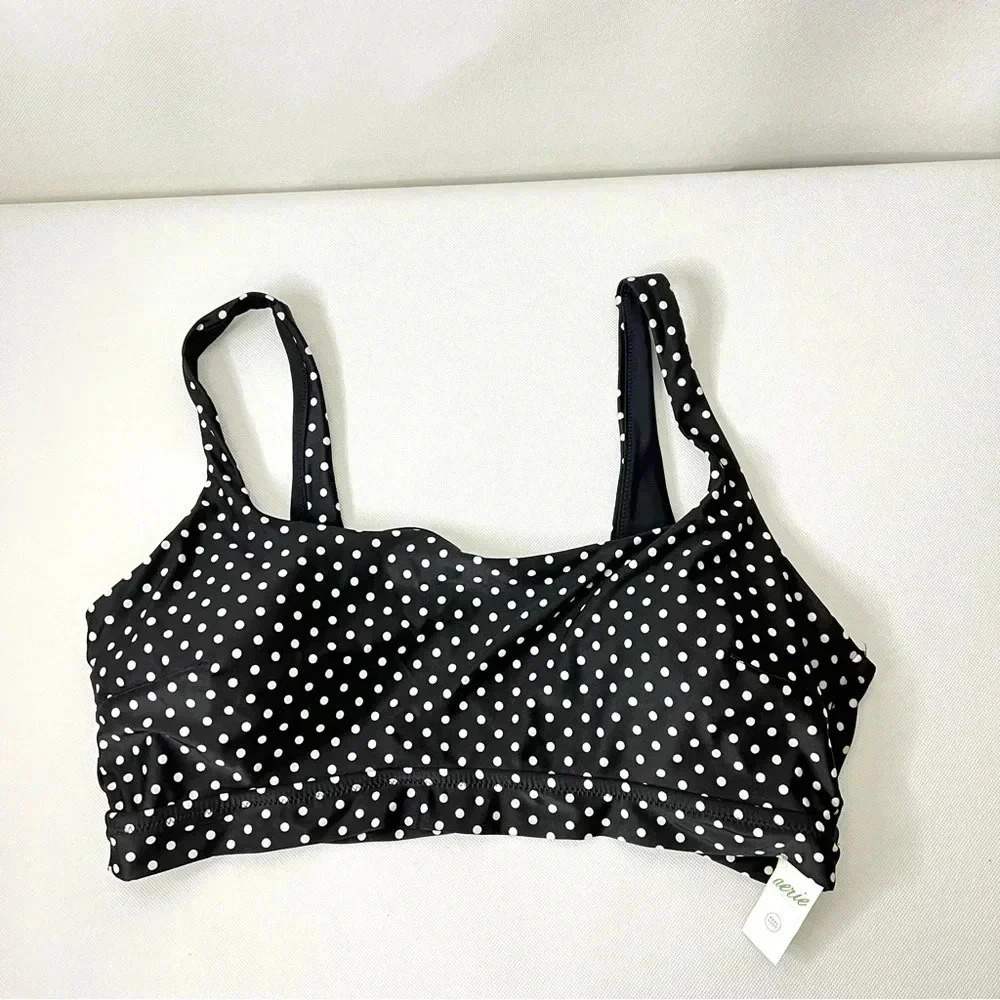 Aerie Scoop Wide Straps Bikini Top Bra Swimwear Size XXL Polka Dot Black/Cream